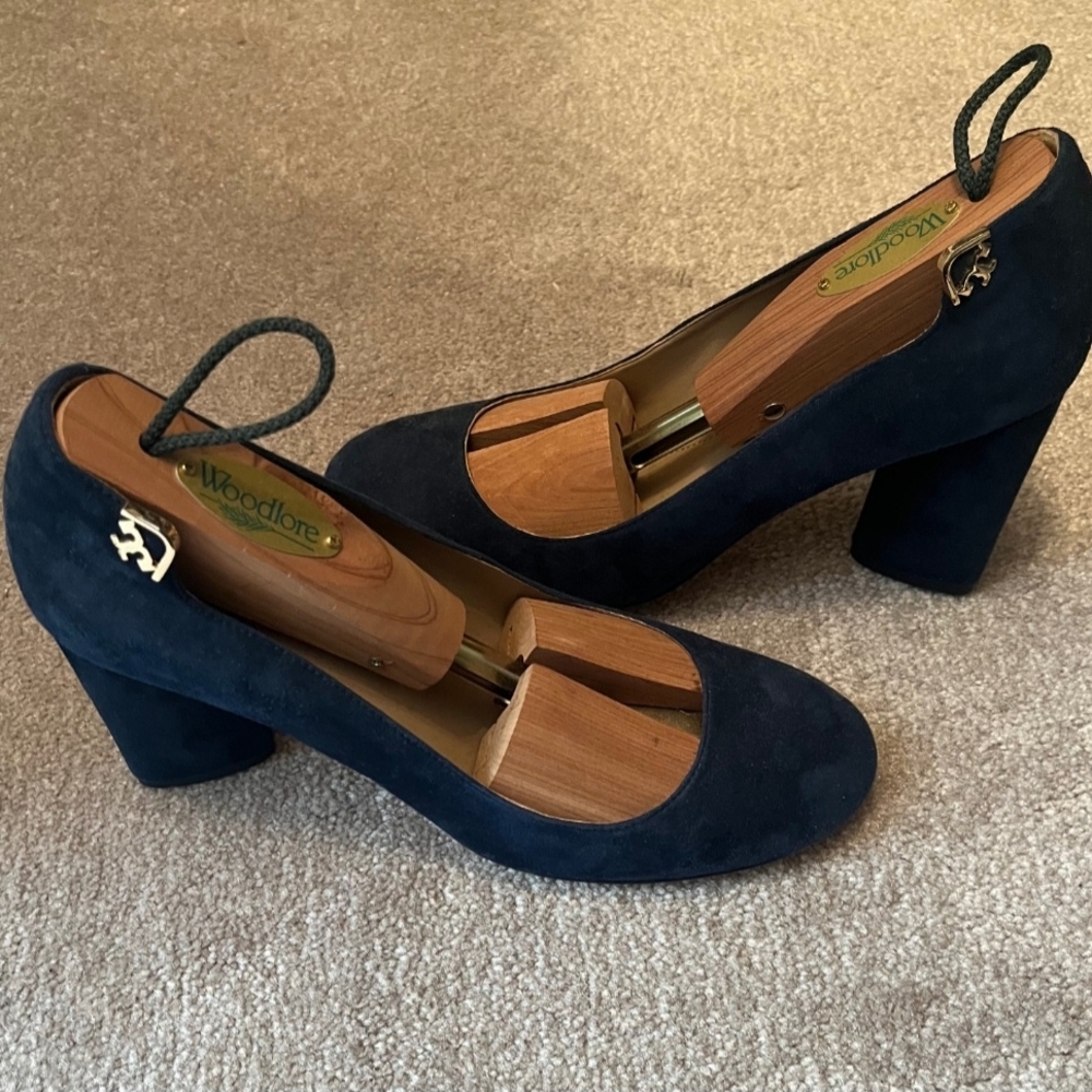 Tory Burch Navy Suede Block Heel Pumps